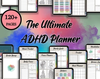 Op de afbeelding: Een digitale planner met de tekst "The Ultimate ADHD Planner" en meer dan 120 pagina's. De planner bevat pagina's voor het bijhouden van je stemming, dagelijkse focus, jaarlijkse doelen, maaltijdplanning, droomregistratie en meer.