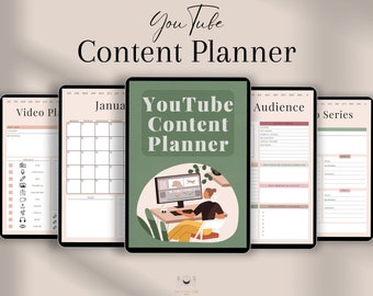 Op de afbeelding: Een digitale planner voor YouTube-inhoudmakers. De planner bevat secties voor videoplanning, een kalender, publieksonderzoek en ideeën voor videoseries. De omslag heeft een groene achtergrond met een vrouw die aan een computer werkt.
