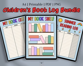May include: A printable bundle of three book logs for children. The first log is titled "My Book List" and has columns for title, author, and rating. The second log is titled "My Book Shelf" and features a bookshelf with colourful books. The third log is titled "Summer Reading Log" and has a summer theme with a rainbow, watermelon, pineapple, and ice cream.