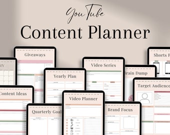 Op de afbeelding: Een digitale contentplanner voor YouTube-creators met sjablonen voor het plannen van videoseries, shorts, weggeefacties en meer. De planner bevat secties voor jaarlijkse, driemaandelijkse en maandelijkse doelen, evenals contentideeën en het doelpubliek.