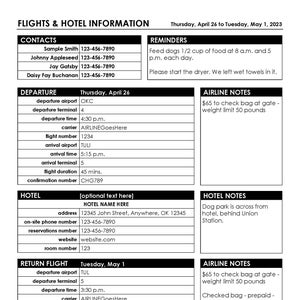 TRAVEL INFORMATION page – Editable PDF - Contact info. (4 people), flights, and hotel, with *reminders* at top, and notes sections
