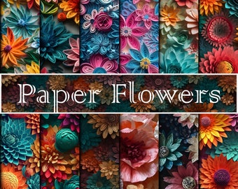 Op de afbeelding: Een collage van kleurrijke papieren bloemen in verschillende tinten blauw, roze, oranje, geel, groen en rood. De bloemen zijn in een rasterpatroon gerangschikt en de tekst "Paper Flowers" staat in het midden.