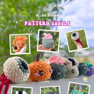 Puede incluir: Un conjunto de patrones de amigurumi de crochet para cabezas de slime. Los patrones incluyen una variedad de diseños, como una calabaza, un ojo, un cerebro y una flor. Los patrones están disponibles en paquete y son perfectos para crocheters de todos los niveles. Slime Heads Pattern Bundle.