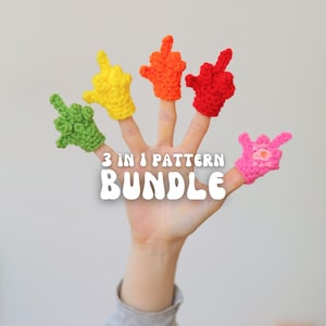 May include: A hand wearing five colourful crochet finger puppets. The puppets are green, yellow, orange, red, and pink. The text "3 IN 1 PATTERN BUNDLE" is in white, below the fingers.