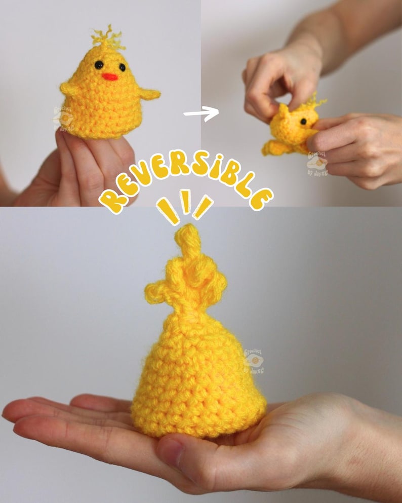 May include: A handmade, reversible yellow crochet chick toy. The chick transforms into a yellow pouch. The word "REVERSIBLE" is written in yellow script. The chick has a red beak and small yellow hair.