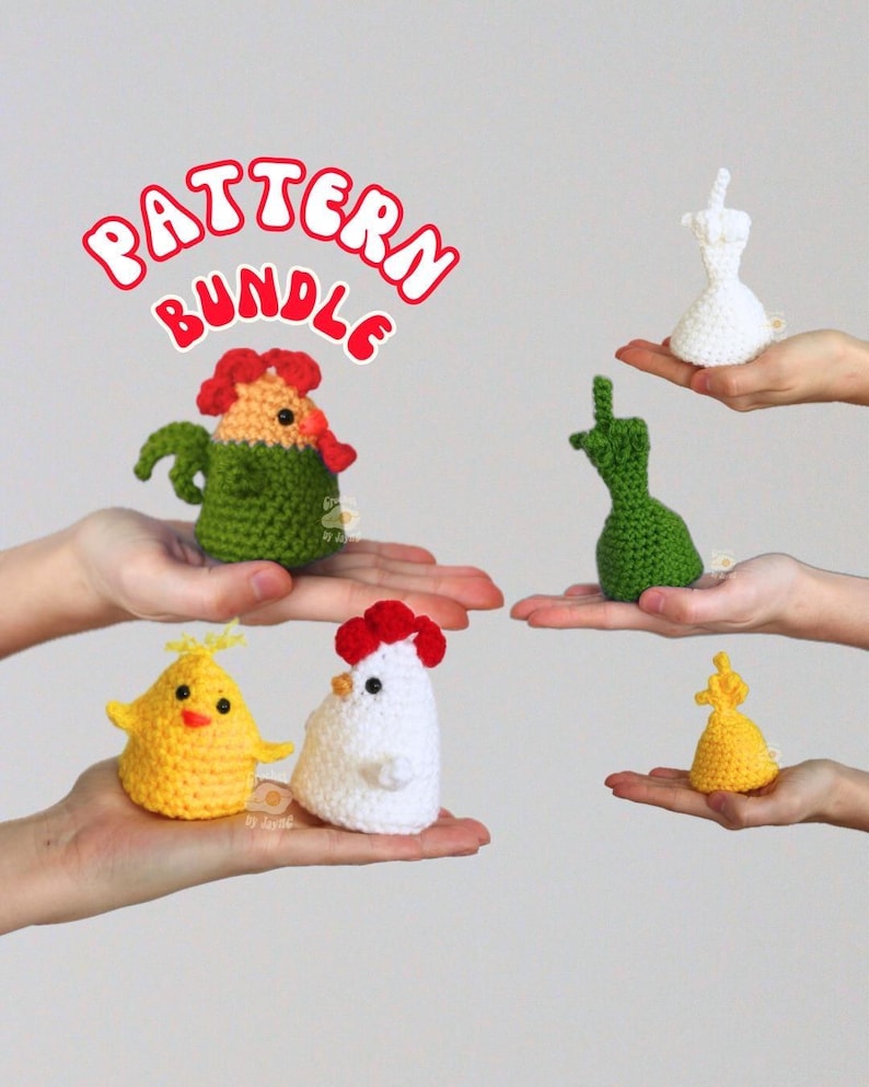 May include: A collection of handmade crochet figures, including a yellow chick, a white chicken, a green dress, a white dress, and a yellow bow. The figures are held in open hands, with the words "PATTERN BUNDLE" in red and white above.