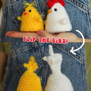 May include: Two crocheted chicken figures, one yellow and one white, are shown in the image. The yellow chicken has a small orange beak and the white chicken has a red comb. The text "FLIP THE BIRD!" is also in the image.