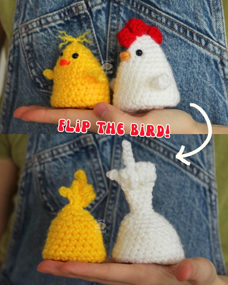 May include: Two crocheted chicken figures, one yellow and one white, are shown in the image. The yellow chicken has a small orange beak and the white chicken has a red comb. The text "FLIP THE BIRD!" is also in the image.