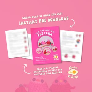 Puede incluir: Una portada de patr&oacute;n PDF rosa titulada "Flip, The Love Birds Pattern" con ilustraciones de p&aacute;jaros de ganchillo y fresas. La portada incluye el texto "Descarga instant&aacute;nea de PDF" y "Muchas referencias de im&aacute;genes para ayudarte a completar este patr&oacute;n."