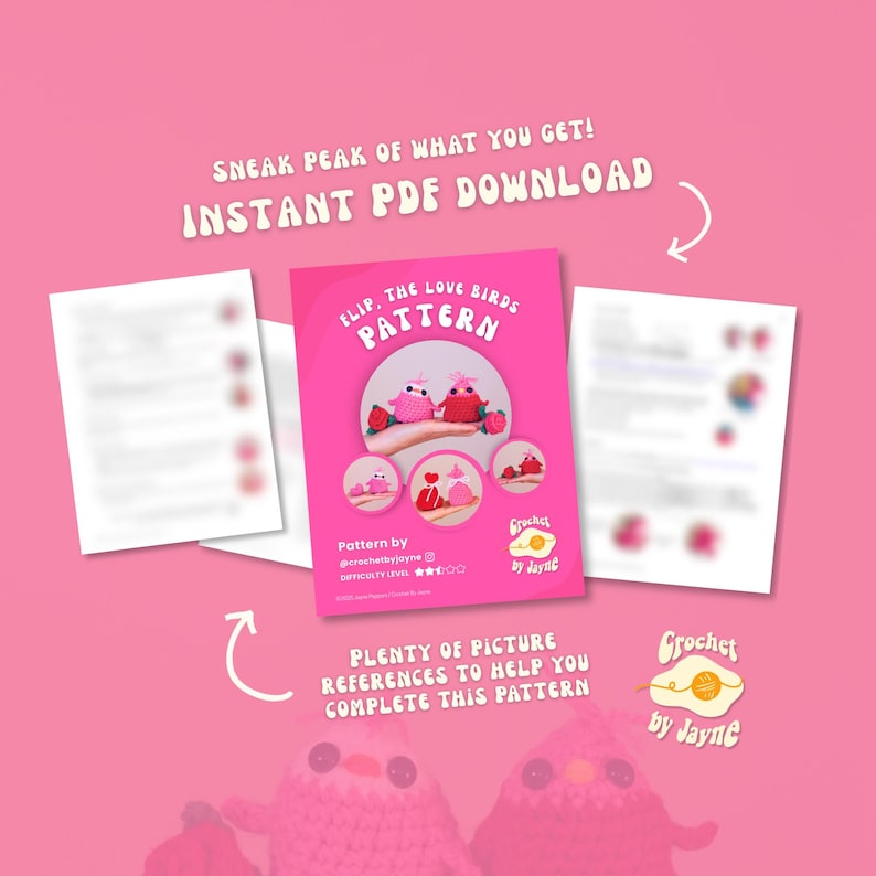 Puede incluir: Una portada de patr&oacute;n PDF rosa titulada "Flip, The Love Birds Pattern" con ilustraciones de p&aacute;jaros de ganchillo y fresas. La portada incluye el texto "Descarga instant&aacute;nea de PDF" y "Muchas referencias de im&aacute;genes para ayudarte a completar este patr&oacute;n."