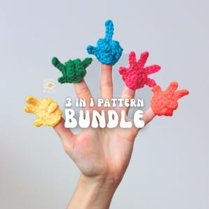 May include: A hand with five brightly coloured crochet finger puppets. The puppets are shaped like hands, each in a different gesture. The puppets are yellow, green, blue, red, and orange. The text "3 IN 1 PATTERN BUNDLE" is displayed in white.