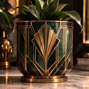 Può includere: Un vaso decorativo in stile Art Déco con un design geometrico verde scuro e oro. Il vaso è cilindrico, con una base larga e un bordo. Il vaso è riempito con piante verdi.