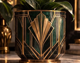 Art-deco plantenbak: groen marmer en goud waaierontwerp interieur 3D-BESTAND