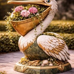 Puede incluir: Estatua decorativa de pelícano con pico dorado que sostiene una jardinera en forma de barco llena de flores rosas y vegetación. La estatua tiene alas blancas y doradas y descansa sobre una base verde y dorada, creando un acento de jardín caprichoso.