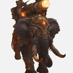 Peut inclure: Image fantastique d'un éléphant de guerre avec un grand canon monté sur son dos. L'éléphant est blindé en bronze et or, avec des yeux rouges brillants et un cavalier. Le canon a une lumière vive à l'extrémité.