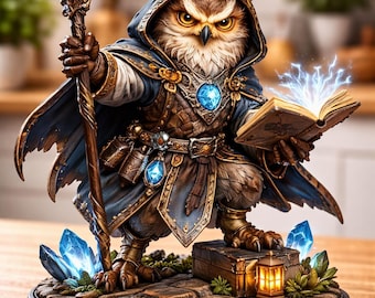 Miniatuurfiguur Owl Mage: tafelspel, plankdecor, fantasykunst