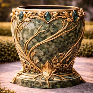 Może przedstawiać: Duża, bogato zdobiona zielono-złota donica o teksturowanej powierzchni. Donica posiada złote detale kwiatowe i winorośli, z trzema szmaragdowymi kamieniami szlachetnymi. Podstawa jest szeroka, a obręcz czarna.