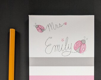 Personalized Pink Ladybug Notepads | 50 page Notepads | 3.6 x 8.5 in. size |  Personalized Watercolor Design | Girl Stationery