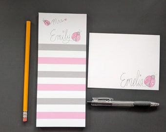 Personalized Ladybug Notecards and Notepad| 15 4.2 x 5.5 Notecard Set | 1 Notepad | Personalized Watercolor Design | Girl Stationery