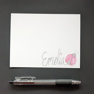 Personalized Pink Ladybug Notecards | 20  Flat Notecard set | A2 size |  Personalized Watercolor Design | Girl Stationery