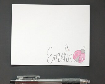 Personalized Pink Ladybug Notecards | 20  Flat Notecard set | A2 size |  Personalized Watercolor Design | Girl Stationery