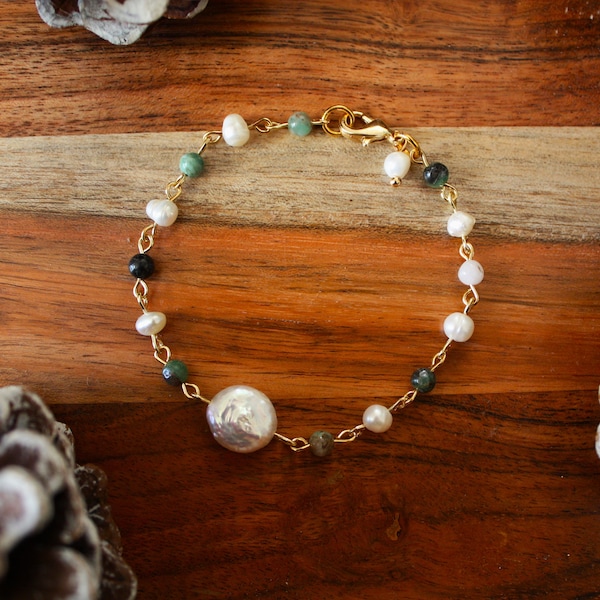 Pearl and African Jade Chain Bracelet