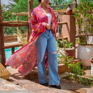 Boho Floral Kimono Duster - Lebendige Maxi Cover-Up für die Schichtung | Boho Kimono Strickjacke