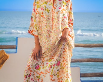 Robe marocaine avec un imprimé floral - Djellaba faite à la main avec randah pour femme- élégante jellaba florale - Marocaine