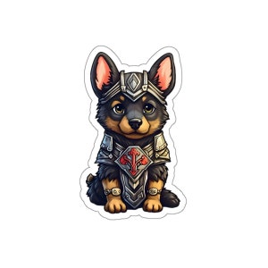 Dungeons & Dogs: German Shepherd Knight Die-Cut Matte Vinyl Sticker - Wizard Fantasy Magic with Puppies