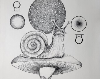 Snail Life and Death Original Artwork- Cottagecore Alternative Gothic Pointillism illustration champignon sorcière et sorcellerie