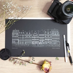 Cityscape Charm: Hand-Sketched Nyhavn Canal Print, Architectural Illustration from Copenhagen - Black background, printed by pen plotter