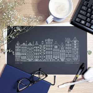 Explore Amsterdam: Travel-Inspired Illustration - Amsterdam hand sketched drawing, Dutch architecture, Black background, pen plotter print