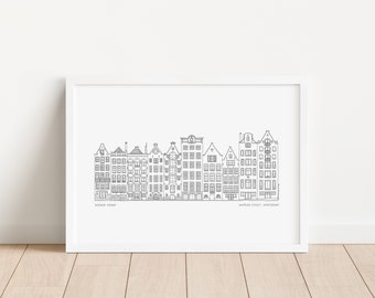 Amsterdam architectural illustration, Amsterdam travel print, Amsterdam hand sketched drawing, White background, printed by pen plotter