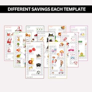 Puede incluir: Un conjunto de diez tableros de juego imprimibles coloridos con diferentes temas, que incluyen Navidad, Animal, Juguete, Halloween, Fruta, San Valent&iacute;n, Pascua, Juegos, Helado y una meta de ahorro de 90 &euro;, 180 &euro;, 270 &euro; y 300 &euro;.