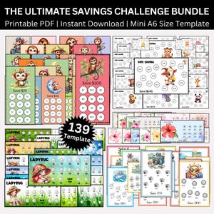 Op de afbeelding: Een bundel afdrukbare spaaruitdagingen met verschillende thema's, waaronder apen, lieveheersbeestjes en reizen. De tekst luidt "THE ULTIMATE SAVINGS CHALLENGE BUNDLE" en "Printable PDF | Instant Download | Mini A6 Size Template."