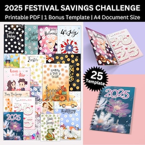 2025 Festival Saving Challenge Printable,  2025 Holiday Savings Planner, 2025 A4 Size Money Saving Challenge & Event Cash Envelopes
