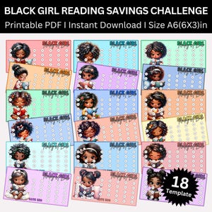 黒人少女の読書本貯金チャレンジの印刷可能なバンドル、セルフケアのかわいい黒人少女貯金封筒チャレンジ、お金トラッカー予算バインダー