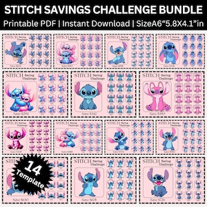 Puede incluir: Un paquete PDF imprimible con 14 desafíos de ahorro con temática de Stitch. Cada tarjeta tiene un fondo rosa con ilustraciones de Stitch y Angel. Las tarjetas miden 14,7 x 10,4 cm.