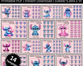 Paquete de Desafíos de Ahorro de Stitch, PDF imprimible A6, Lindo Sobre de Control de Efectivo, Insertos para Carpeta de Presupuesto, Desafío de Dinero, Descarga Instantánea