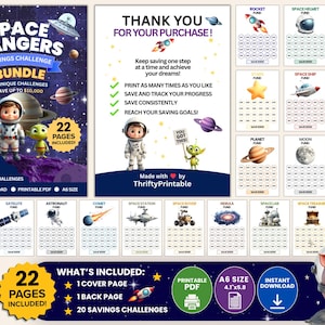 Puede incluir: Un paquete digital de desafíos de ahorro con 22 páginas imprimibles en tamaño A6, 10,5 cm por 14,8 cm. El conjunto incluye gráficos con temática espacial con astronautas, planetas y cohetes, diseñados para seguir metas de hasta 10.000 unidades.