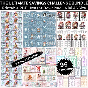 May include: A collection of printable Christmas savings challenges. The image features templates with festive illustrations, including Santa Claus, snowmen, and Christmas trees. The text reads "THE ULTIMATE SAVINGS CHALLENGE BUNDLE" and "96 Template".