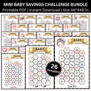 May include: A bundle of printable baby savings challenges. The design includes various baby-themed illustrations, such as baby bottles, gifts, and clothing. The text "MINI BABY SAVINGS CHALLENGE BUNDLE" is at the top. The size is A6, 4"x6" in.