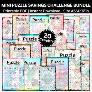 Può includere: Un pacchetto di 20 modelli di sfida di risparmio mini puzzle. Ogni modello presenta un design a puzzle con numeri e il testo "Puzzle Saving Challenge". La dimensione è A6, 10,16 cm x 15,24 cm.