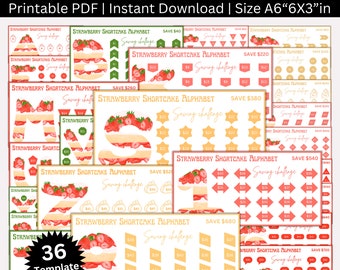 May include: A printable alphabet savings challenge with 36 templates. Each letter is a strawberry shortcake with a savings goal. The letters are in a yellow and pink color scheme with red strawberries.