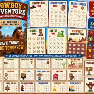 Könnte beinhalten: Ein Cowboy Adventure Spar-Challenge-Paket mit 26 druckbaren Vorlagen mit Western-Motiven wie Cowboyhüten, Stiefeln, Pferden und Kakteen. Das Set enthält Blätter im A6-Format von 10,5 cm mal 14,8 cm zur Verfolgung finanzieller Ziele.