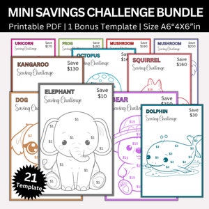 Animals Coloring Savings Challenge Printable Bundle, A6 Mini Animal Saving Challenge, Money Saving Tracker, Cash Envelope, Budget Binder
