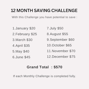 a white poster with a price list for the 12 month savings challenge