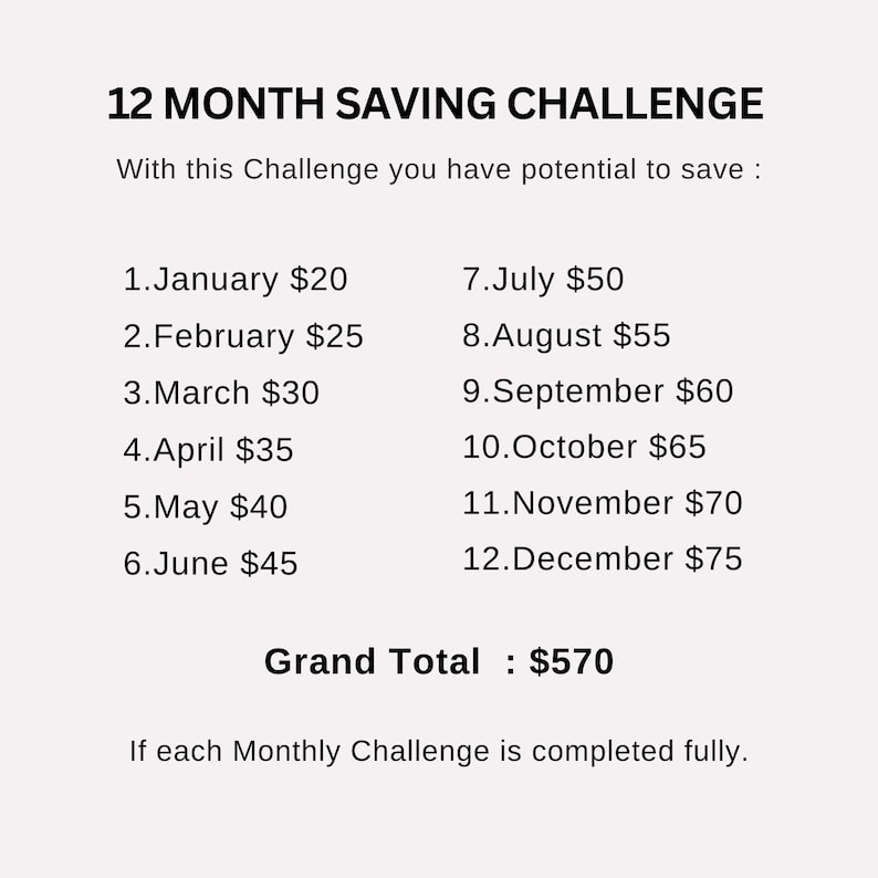a white poster with a price list for the 12 month savings challenge