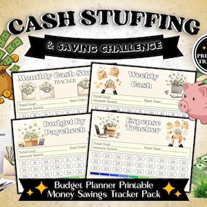 May include: A digital download featuring a budget planner with money-saving trackers. The design includes illustrations of cash, a piggy bank, and a calculator. Text includes "Cash Stuffing & Saving Challenge" and "Budget Planner Printable Money Savings Tracker Pack."
