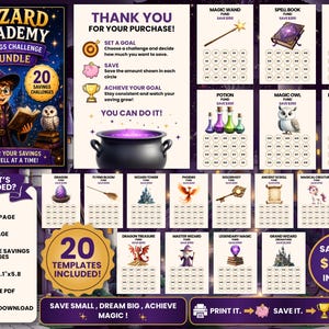May include: A Wizard Academy savings challenge bundle featuring 20 printable templates with magical themes like magic wands, spell books, and potions. The set includes a cover page, back page, and instructions for saving money, with a total savings goal of $11,900. Each template is A6 size, 4.1 inches by 5.8 inches.